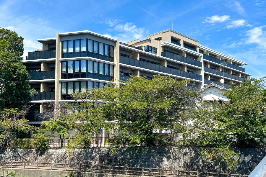 ザ・ライオンズ南塚口の遠景。敷地西側を庄下川が流れています。
