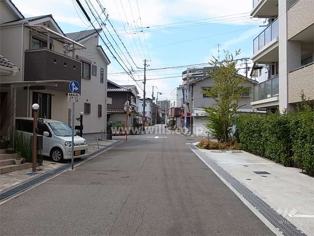 敷地南側の道路。周辺は一戸建てが中心に建ち並ぶ住宅地。