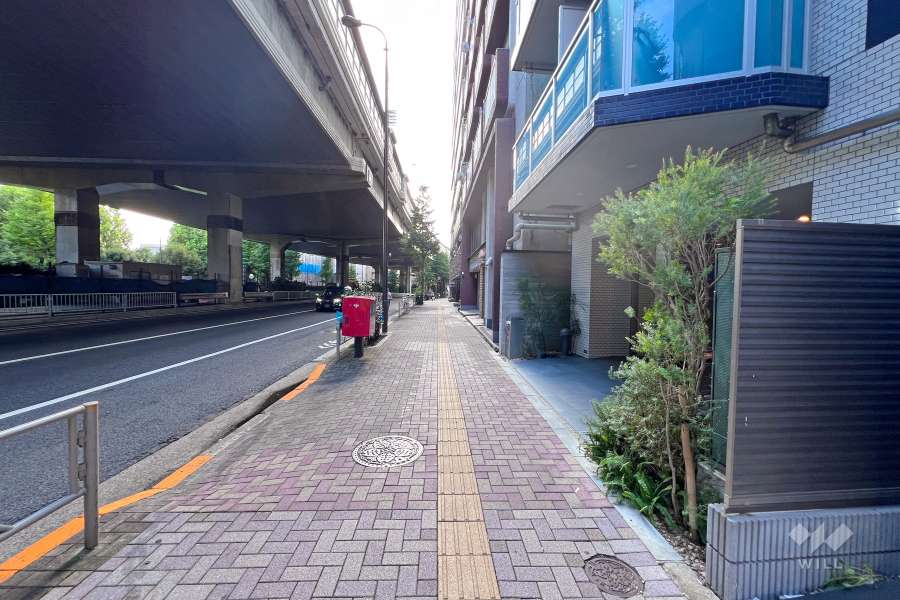 敷地の南東側前面道路（北東側から）