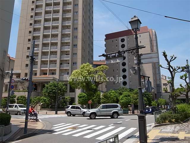 敷地北側と西側の前面道路。約29％の公開空地が設けられ、木々が茂り緑豊かです。