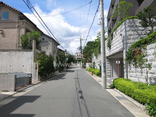 敷地南側の前面道路。周辺は第1種低層住居専用地域内の閑静な住宅地です。