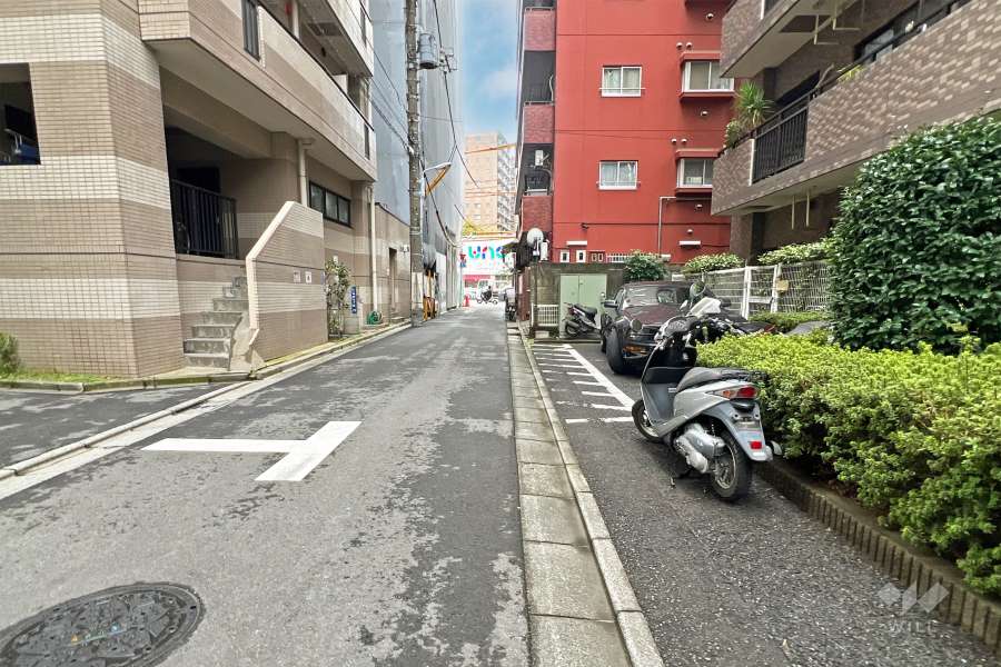 敷地の南東側前面道路（北東側から）