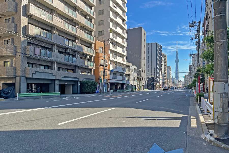 敷地の西側前面道路は土手通りです（北側から）。