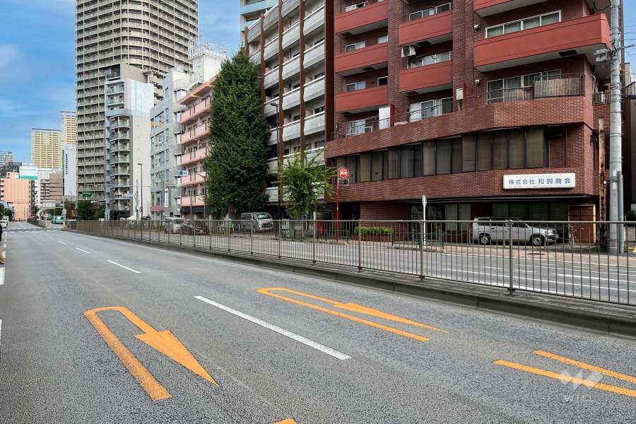 敷地の南西側前面道路（南東東側から）
