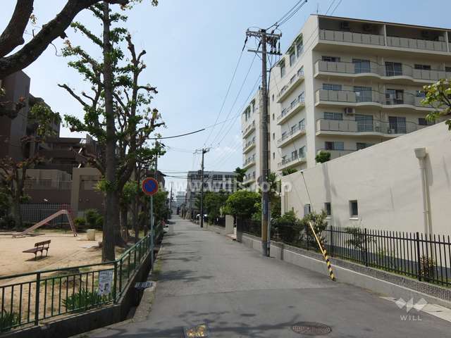 敷地南東側前面道路（北東側から）。敷地南側に公園があります。