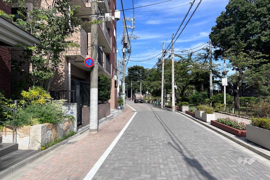 敷地南東側の前面道路（南西側から）