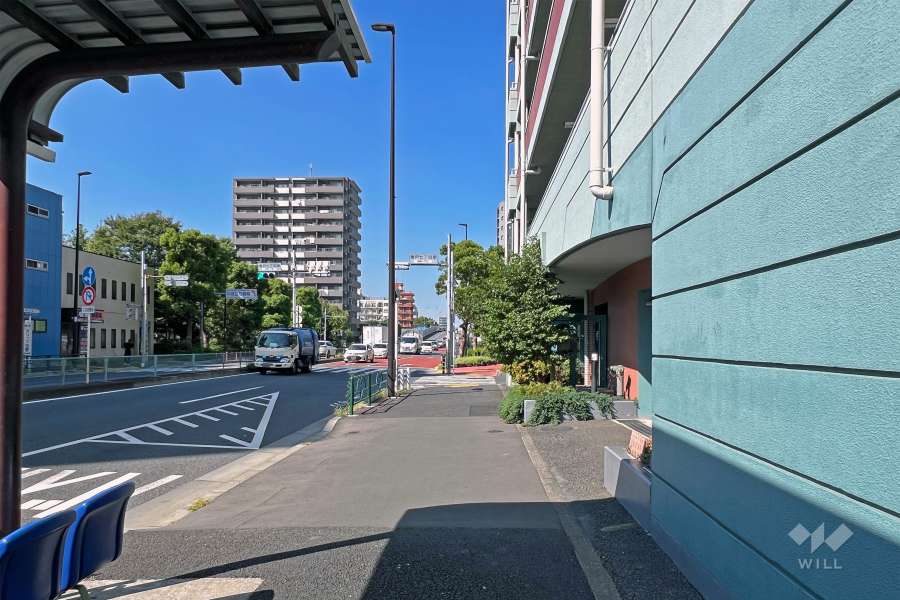 敷地の西側前面道路（南側から）。バス停が目の前にあります。