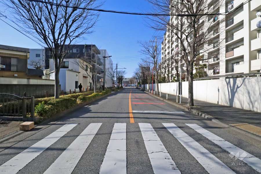 敷地南西側の前面道路は小岩陽水緑道です(南東側から)。