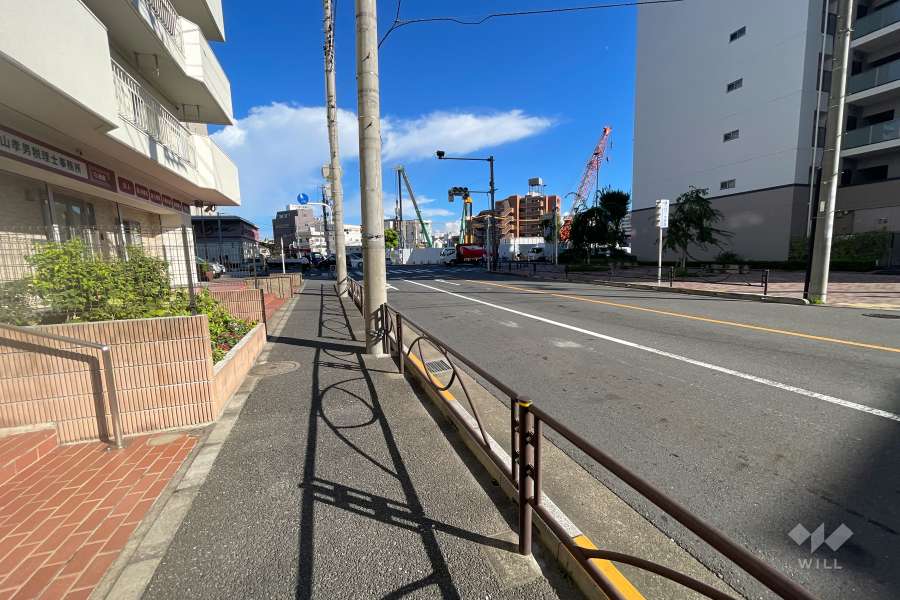 敷地南東側の前面道路（南西側から）