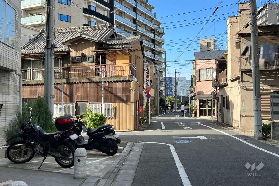 敷地北東側の前面道路（南東側から）