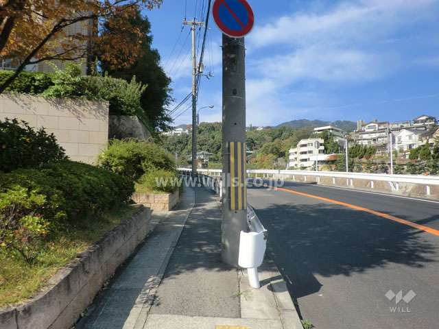 敷地北東側の前面道路。道を挟んで、住吉川が流れています。