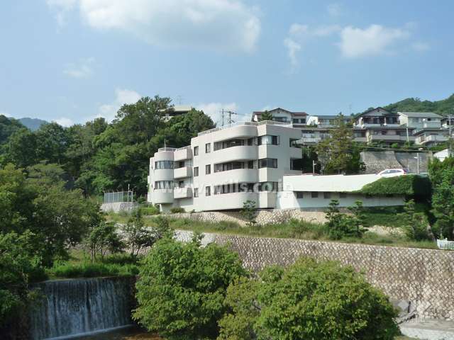 パレロワイヤル岡本の遠景。住吉川沿いに立っています。