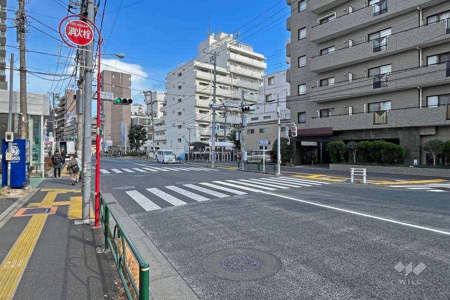敷地の北西側前面道路は不忍通りです（南西側から）。