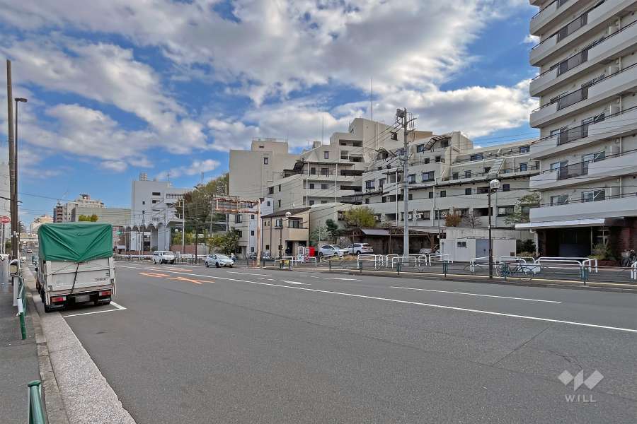 敷地の北側前面道路は不忍通りです（西側から）。『日本女子大学 目白キャンパス』に隣接しています。