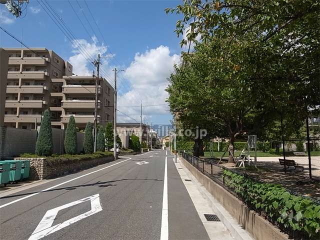 敷地北東側の前面道路。道を挟んで、北東側には『月見里公園』があります。