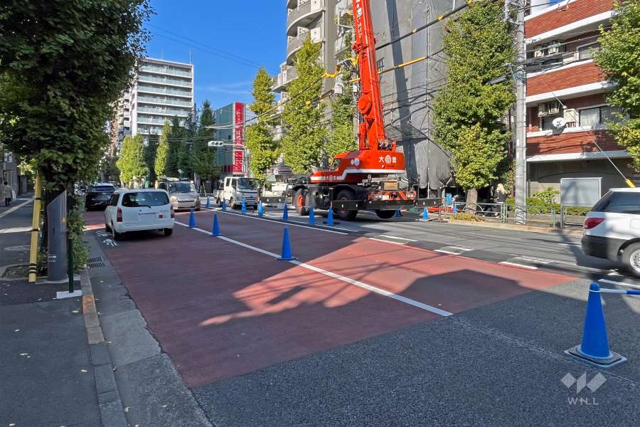 敷地の西側前面道路は本郷通りです（南側から）。