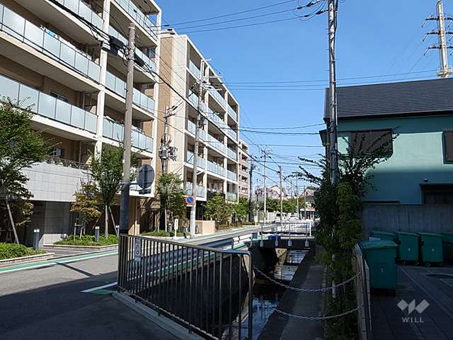 敷地南側の前面道路。水路が流れています。