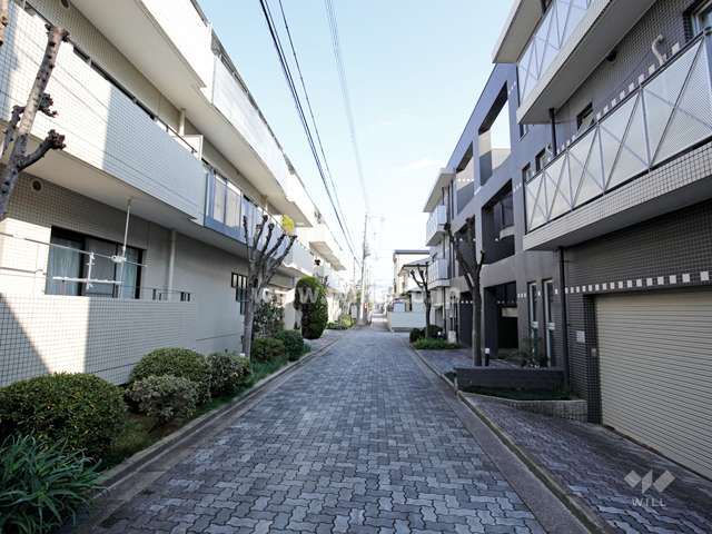 敷地北側の前面道路。道路を挟んで1号棟と2号棟があります。