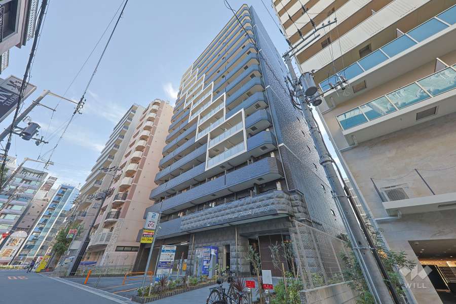 プレサンス谷町九丁目駅前の外観（北西側から）