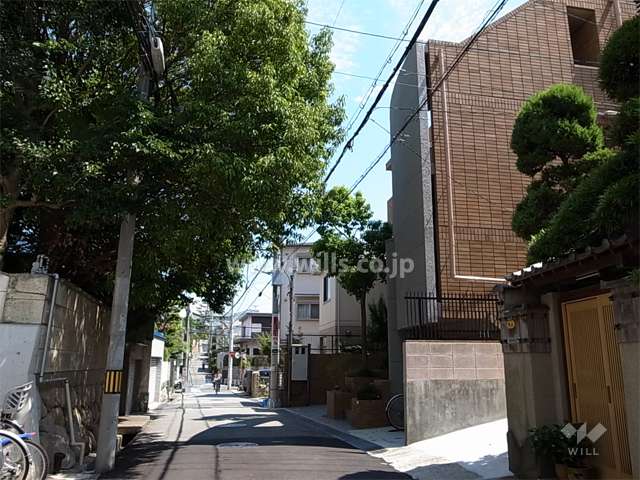 敷地北側の前面道路。周辺はマンションと一戸建てが混在する静かな住宅地です。