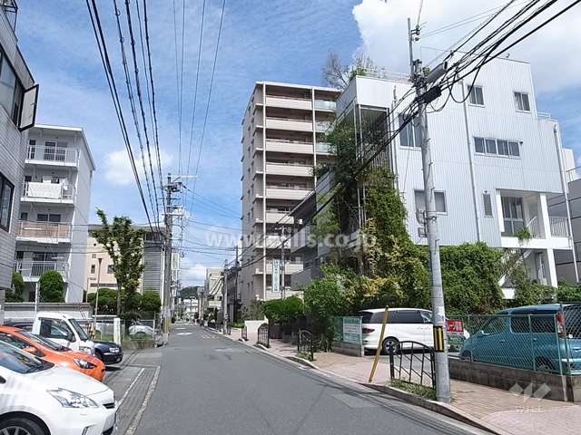 敷地西側の前面道路。周辺はマンション、一戸建てなどが混在する静かな住宅地。