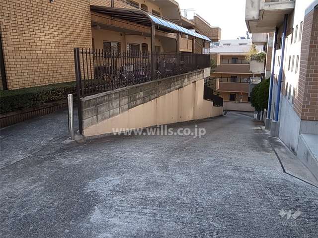 駐車場へのアプローチ。敷地は西方向に下っています。