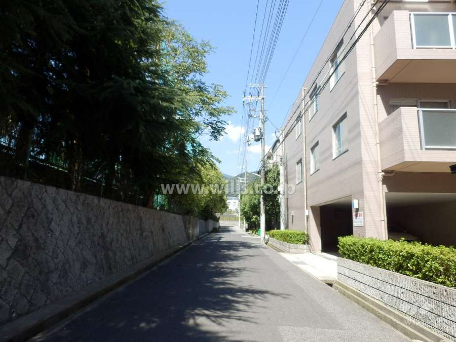 敷地西側の前面道路。道を挟んで本山南中学校があります。