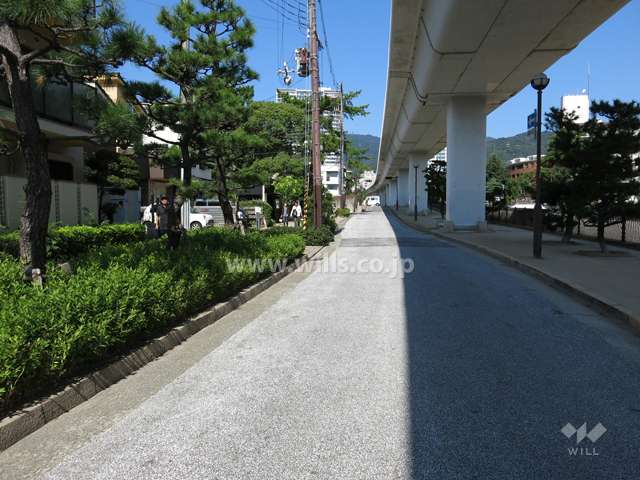 敷地東側の前面道路。道を挟んで、住吉川が流れています。