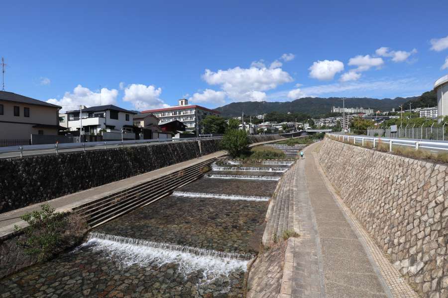 敷地から西側約120ｍの距離に「住吉川」が流れています。※観音橋から住吉川を望む。