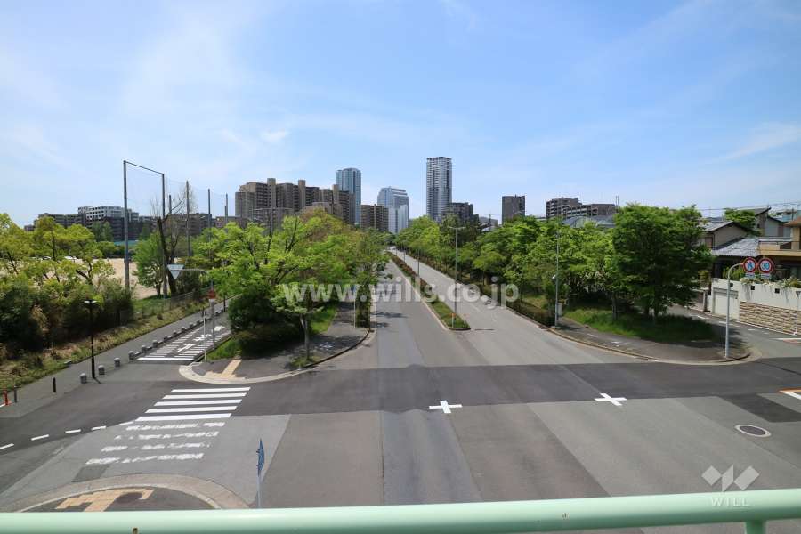 敷地北東側を走る「新千里3号線」から千里中央駅方向を見る。