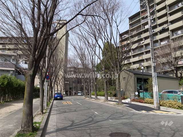 D棟の南西側は街路樹のきれいな通りに面しています。