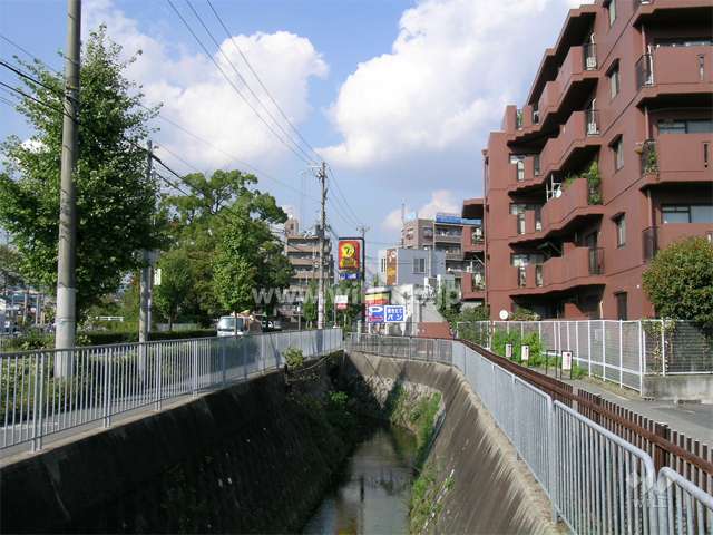 敷地の西側は川を挟んで二車線のバス通りです。