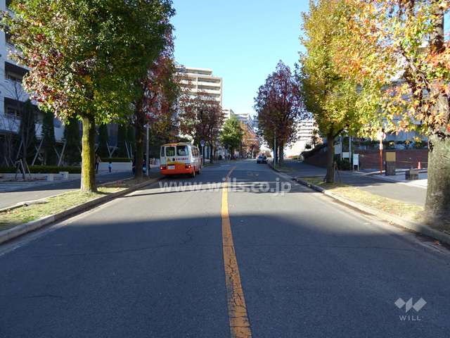 物件の西側駐車場へ通じる道路（南側から）