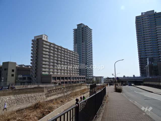 プラウドタワー住吉の遠景。西側には住吉川が流れており、身近に自然を感じられる環境です。