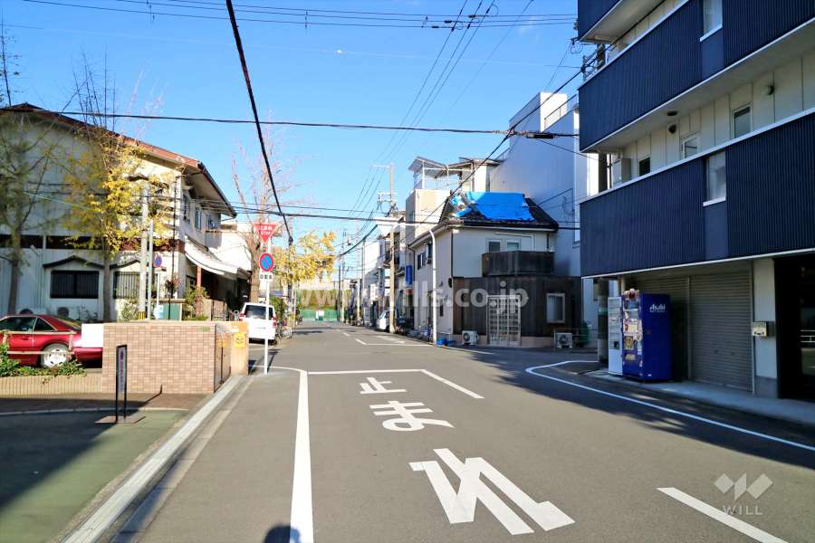 敷地南東側の前面道路（南西側から）
