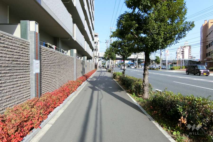 敷地南東側の前面道路。四車線のバス通りです。
