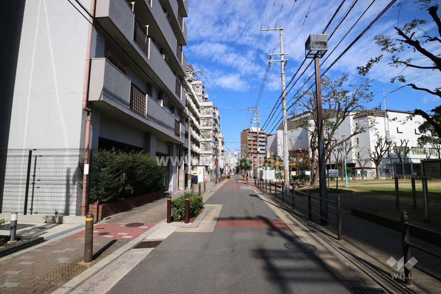 敷地南東側の前面道路（南西側から）