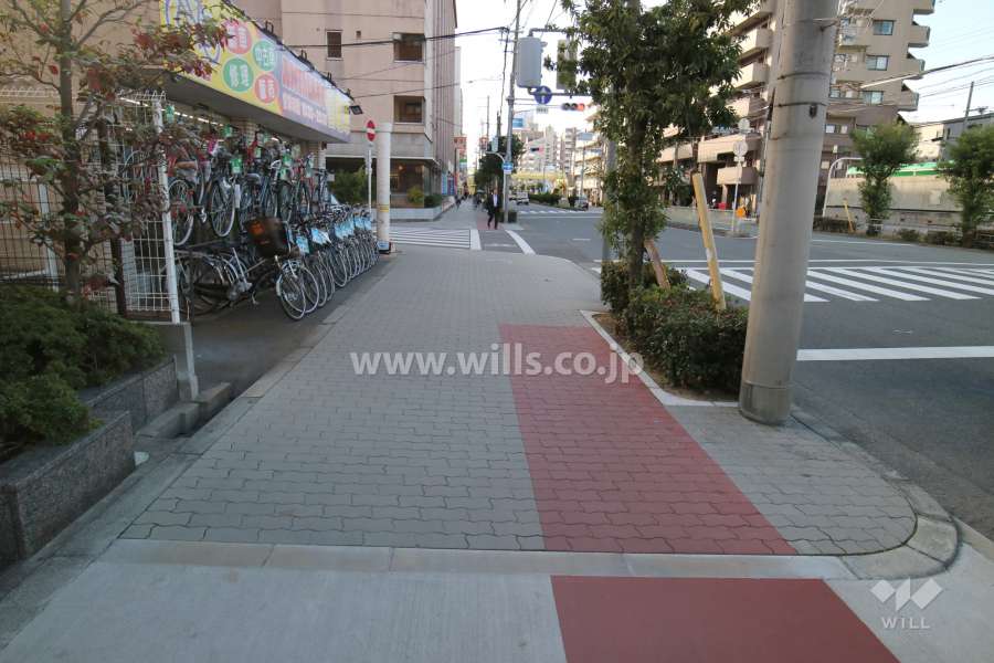 敷地北側の前面道路。二車線のバス通りです。