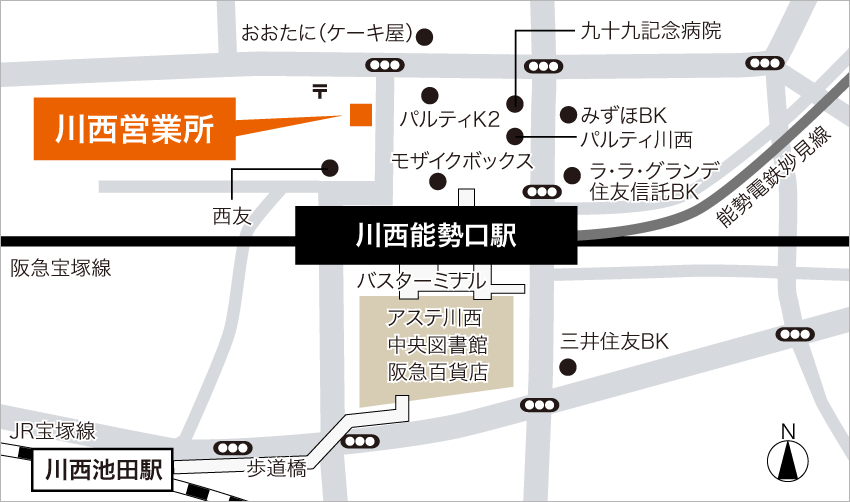 ウィル不動産販売 川西営業所へのアクセスマップ